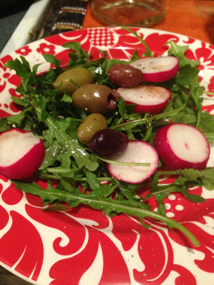 Arugula, radish and tri-colored olive salad